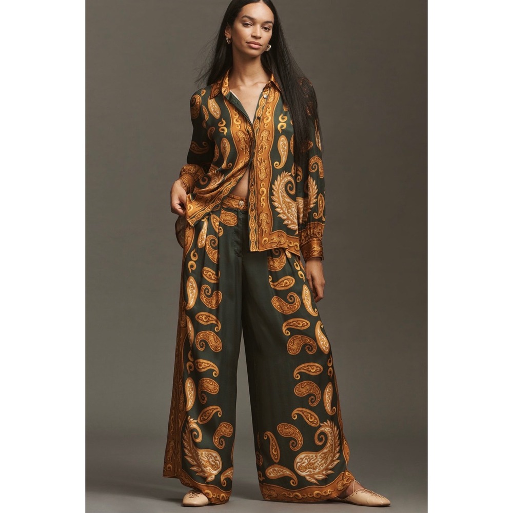 Farm Rio x‎ Anthropologie Printed Wide-Leg Pants Green Gold Paisley silky flowy